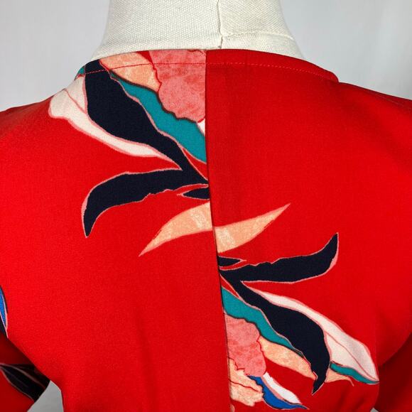 A‎ New Day Red Floral Wrap Midi Dress XS Blue Pink Tie Waist Short Sleeve New - Picture 10 of 16
